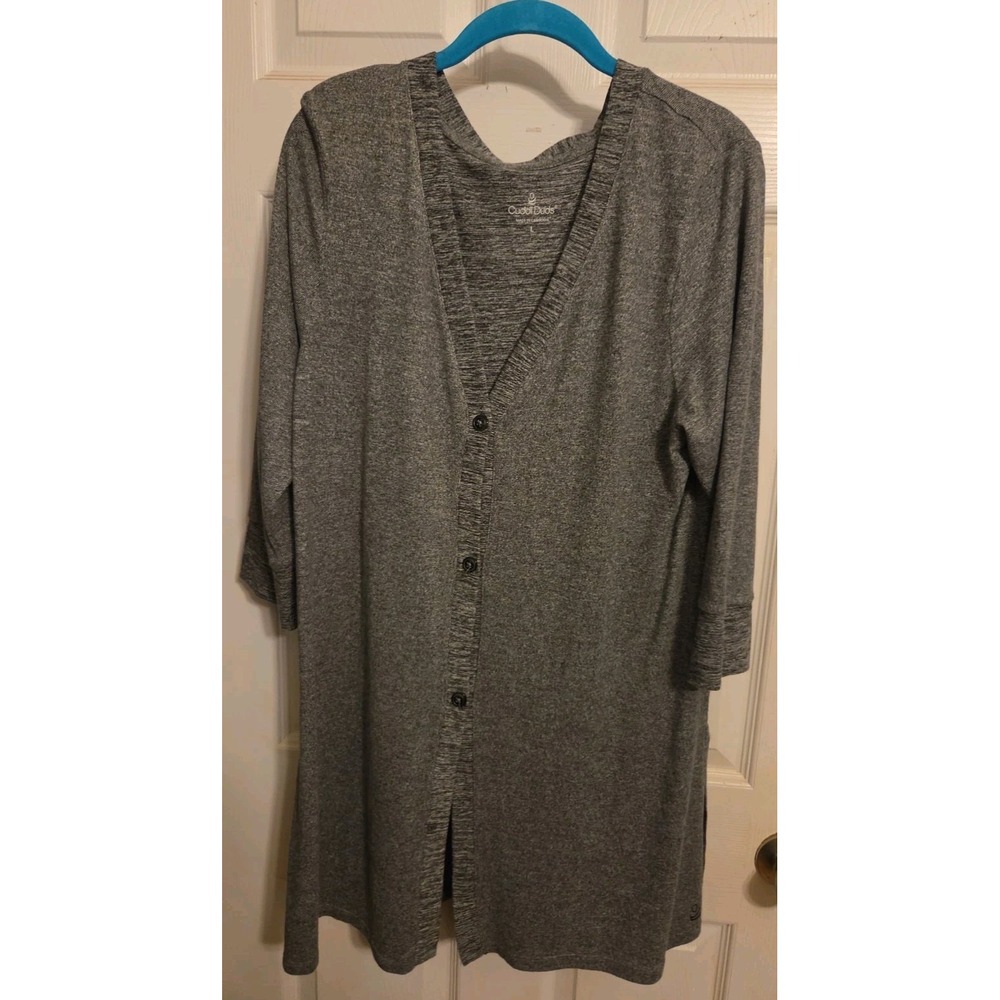 gray Cuddl Duds button front V-neck cardigan 3/4 sleeves ribbed trim